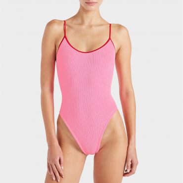 Hunza G Pamela Contrast Stretch-Seersucker Swimsuit