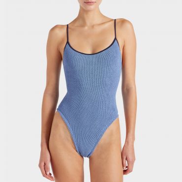 Hunza G Pamela Contrast Stretch-Seersucker Swimsuit