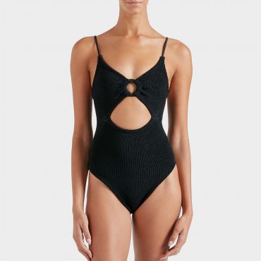Hunza G Crystal Hoop Detail Stretch-Seersucker Swimsuit