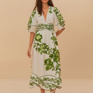 Farm Rio Green Floral Cascade Cotton Midi Dress - S
