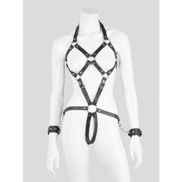 DOMINIX Deluxe Leather Open Cup Body Harness with Cuffs, Black - S / M - Amorana
