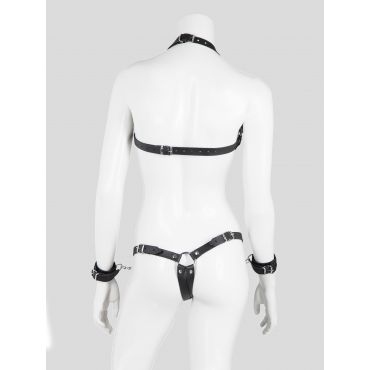 DOMINIX Deluxe Leather Open Cup Body Harness with Cuffs, Black - L / XL - Amorana
