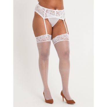 Lovehoney Plus Size Sheer Lace Top Thigh-High Stockingsn, White - One Size Queen - Amorana