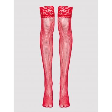 Lovehoney Black Fishnet Lace Top Thigh High Stockings, Red - Queen - Amorana