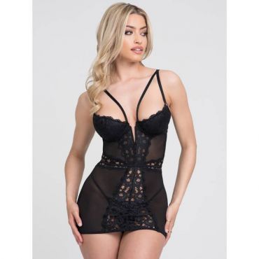 Lovehoney-Lingerie Parisienne Lace Plunge Negligee & String, L - Amorana