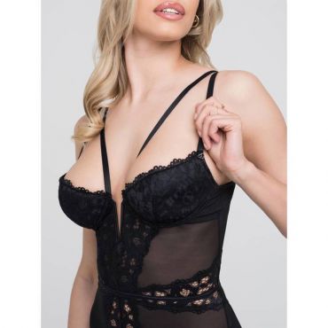 Lovehoney-Lingerie Parisienne Lace Plunge Negligee & String, L - Amorana