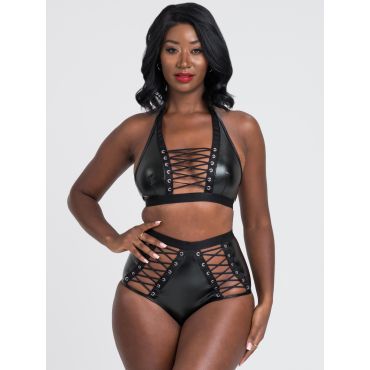 Lovehoney Fierce Leather-Look Lace-Up Bra Set, S - Amorana