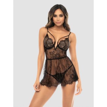 Mapale Eyelash Lace Underwired Babydoll Set, Farbe: Schwarz, Grösse: M, M - Amorana