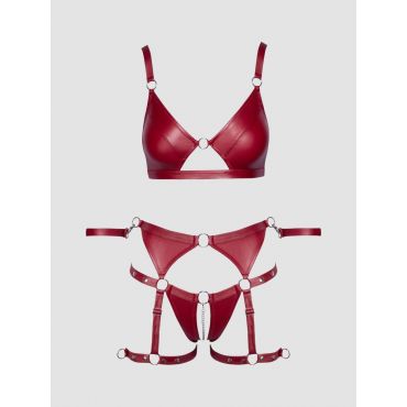 Cottelli Matte Wet Look Crotchless Bra Set with Restraints, Farbe: Rot, Grösse: L, L - Amorana