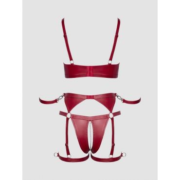 Cottelli Matte Wet Look Crotchless Bra Set with Restraints, Farbe: Rot, Grösse: L, L - Amorana