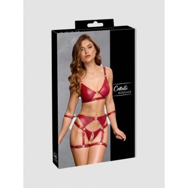 Cottelli Matte Wet Look Crotchless Bra Set with Restraints, Farbe: Rot, Grösse: S, S - Amorana