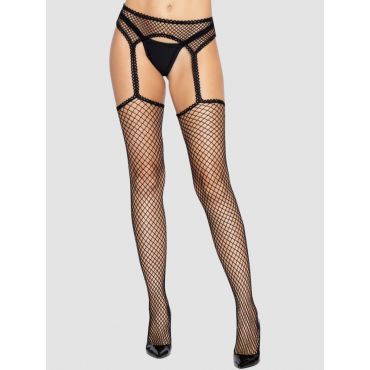 Leg-Avenue Net Stockings with Trimmed Garter Belt, Farbe: Black, Grösse: One Size, Black - Amorana