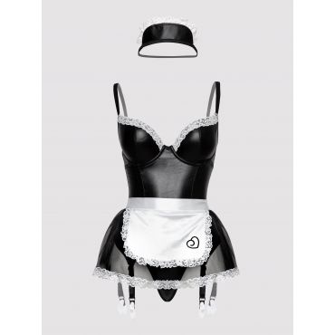 Lovehoney Fantasy Deluxe Wet Look French Maid Costume, Black - Small - Amorana