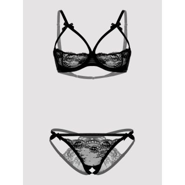 Lovehoney Black Quarter Cup Bra and Crotchless Knickers Set - Amorana