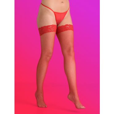 Lovehoney Fishnet Lace Top Hold-Ups, Red - One size - Amorana