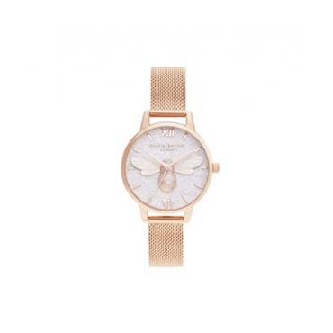 Olivia Burton Lucky Bee & Rose Gold Mesh Glitter Watch