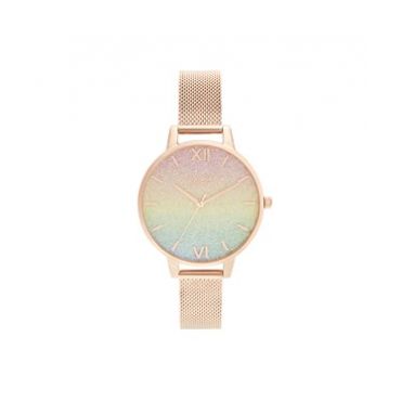 Olivia Burton Rainbow Glitter Dial Rose Gold Mesh Watch - Rose Gold
