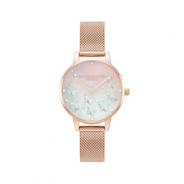Olivia Burton Rose Gold Mother Of Pearl Butterfly Mesh Watch - Rose Gold