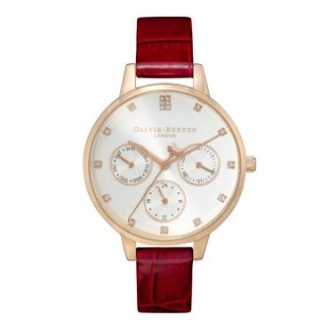 Olivia Burton T-Bar Bee Burgundy Chronograph Watch - Rose Gold