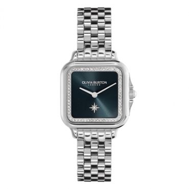 Olivia Burton Silver Square Blue Sunray Dial Watch