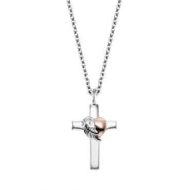 Angel Whisperer Silver Cross with Heart Wing Necklace - Silver