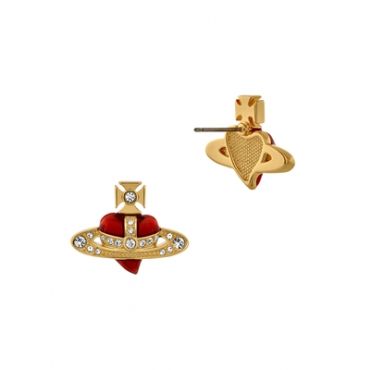 Vivienne Westwood Gold Red Enamel New Diamante Heart Stud Earrings - Gold
