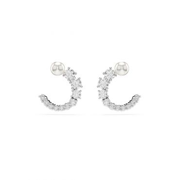 Swarovski Matrix Rhodium Plated White Crystal Pearl Hoop Earrings