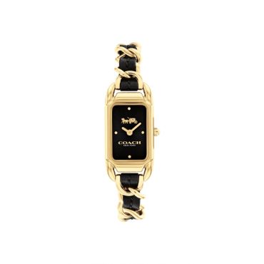 Coach Gold Cadie Black Rectangle Chain Leather Strap Watch - Gold