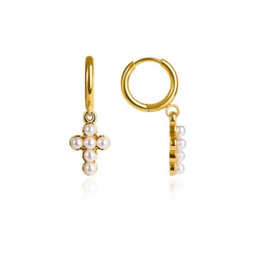 Over & Over Gold Stainless Steel Cross Pearl Hoop Earrings - Gold