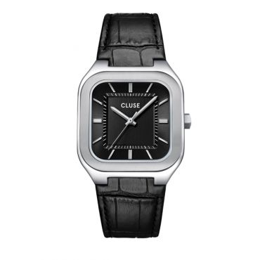CLUSE Silver Quadrus Black Leather Watch - Silver