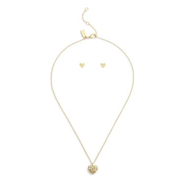 Coach Gold Heart Crystal Boxed Stud and Necklace Set - Gold