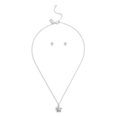 Coach Silver Star Crystal Boxed Studs and Necklace Set - Silver