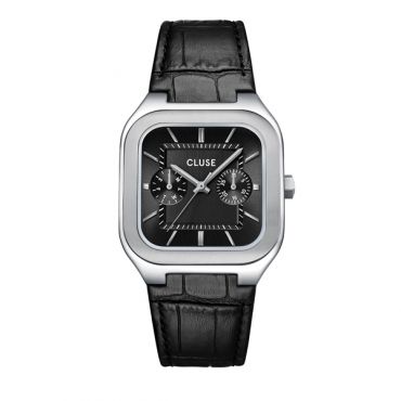 CLUSE Silver Quadrus MultiFunction Black Leather Watch - Silver