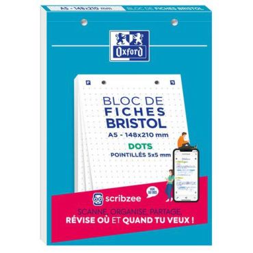 Oxford - Bristol-kortti 148x210 mm - 30 arkkia - Valkoinen - Rei'itetty pisteviivoitus