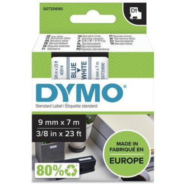 Dymo - Valkoinen tarra sinisellä tekstillä 9mm - 7m nauha - Yhteensopiva useiden Dymo-laitteiden kanssa - Ekologinen