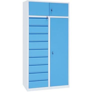 Manutan Expert - Yhdistelmäkaappi 1950x945x500mm - 9 laatikkoa 3 ovea 4 hyllyä - 500kg kuorma - Teräs - Sininen