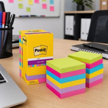 Post-it - Super Sticky - Muistilaput 76x76mm - 12 lohkoa sekavärejä - 90 arkkia/lohko