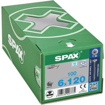 Spax - Ruuvi TX-teräs A2 6x120mm - 100 kpl laatikko - Ulkokäyttöön upokanta Torx