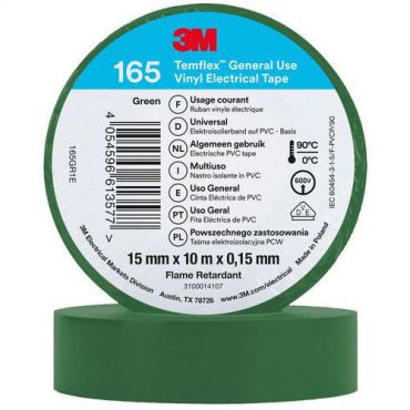 3m - Temflex 165 -sähköeristysteippi 10 m x 15 mm vihreä