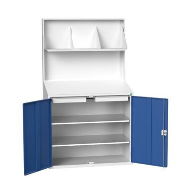 Bott - Työpiste takalevyllä - 1050x550x2000mm - Vaaleanharmaa/Sininen - Magneettinen taulu ja hyllyt