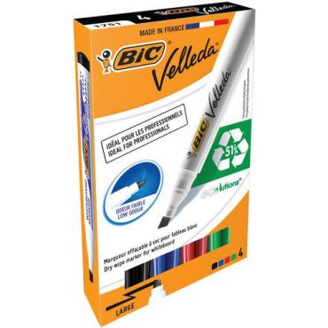 BIC - Valkotaulukynä Velleda - Vino kärki 4 kpl setti - Kuivapyyhittävä kierrätetty