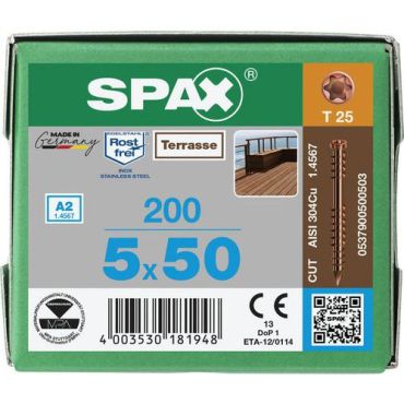 Spax - Terassiruuvi T-Star Plus A2 antiikki Ø 5x50 mm - Ruostumaton teräs ulkokäyttöön 200 kpl