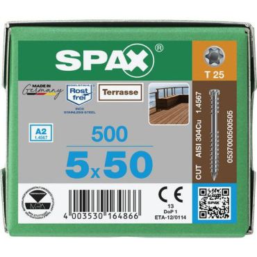 Spax - Terassiruuvi T-Star Plus ruostumaton Ø 5x50 - 500 kpl - Ulkokäyttöön