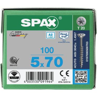Spax - Ruuvi TX-teräs A2 5x70mm - 100 kpl - Ulkokäyttöön upokanta Torx