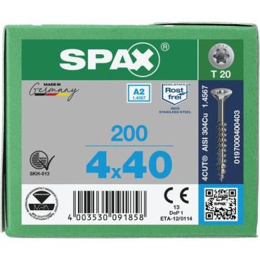 Spax - Universaalit ulkoruuvit TX-teräs A2 - 4x40mm - 200 kpl - Kestävä ja kierrätettävä