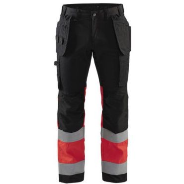 Blaklader - Highvis riipputaskuhousut stretch Musta/Huomio punainen - Koko 50 - EN 14404 EN 20471