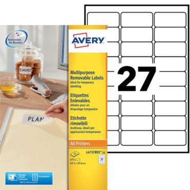 Avery - 675 irrotettavaa laseretikettiä - 63,5x29,6 mm - Valkoinen - Kierrätettävä pakkaus