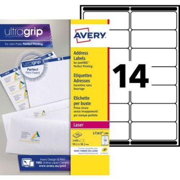 Avery - Lasertarrasarja 1400 kpl - 99,1x38,1 mm - Valkoinen - Kierrätettävä pakkaus