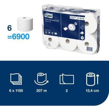 Tork SmartOne WC-paperirulla - 2 kerrosta 1150 arkkia 100 % kierrätetty valkoinen