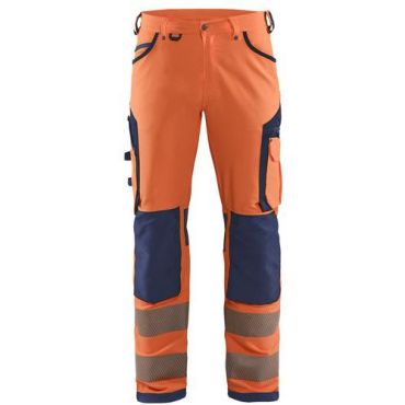Blaklader - Highvis 4-way stretch työhousut - Huomio oranssi/Mariininsininen - Koko 48 - EN 14404 EN 20471